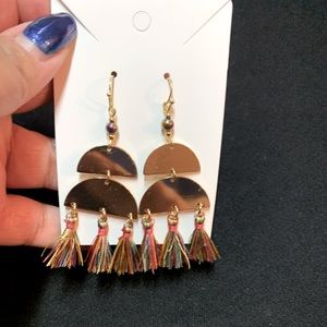 Gold tone and rainbow tassle earrings